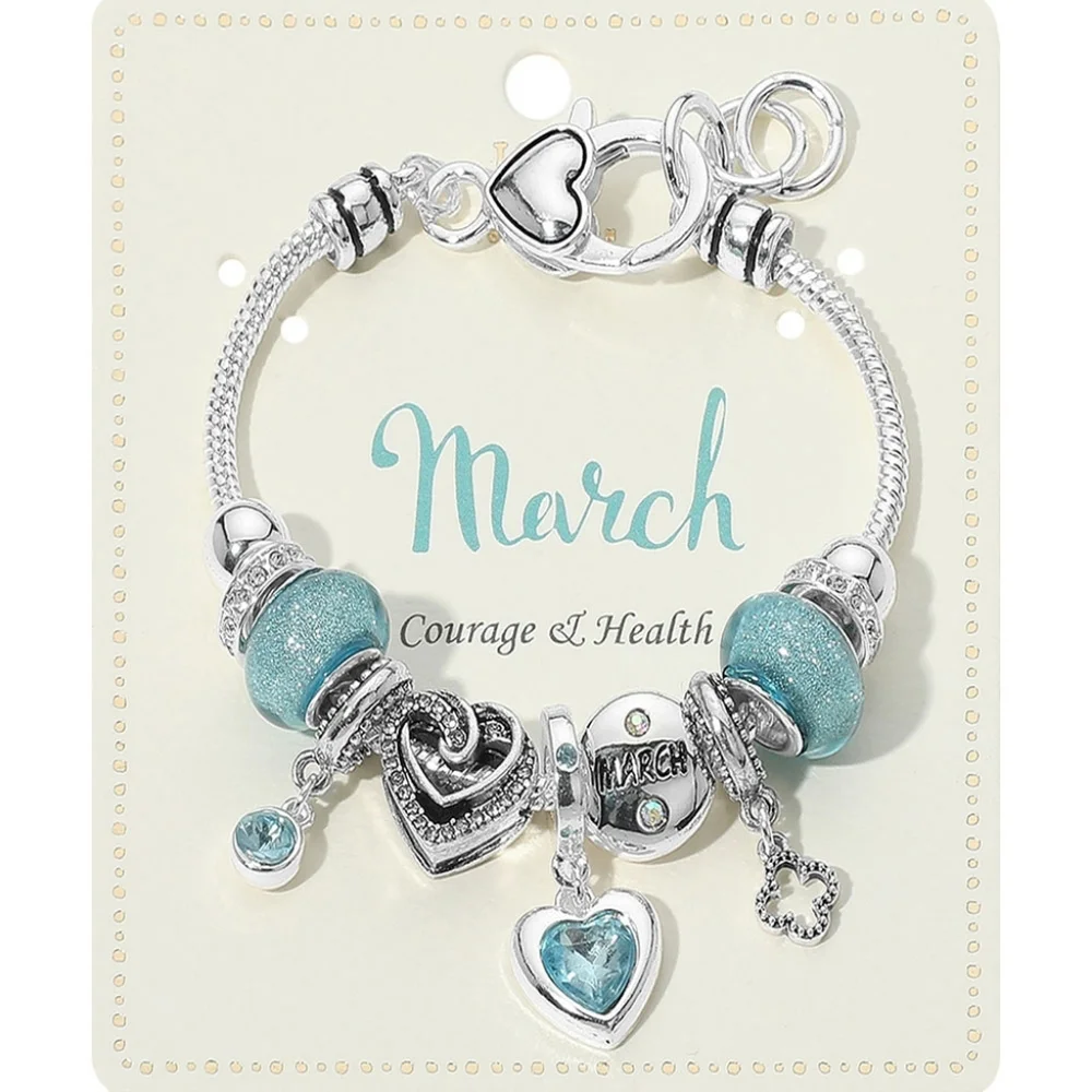 March - Birthstone Heart Charm Multi Beaded Bracelet